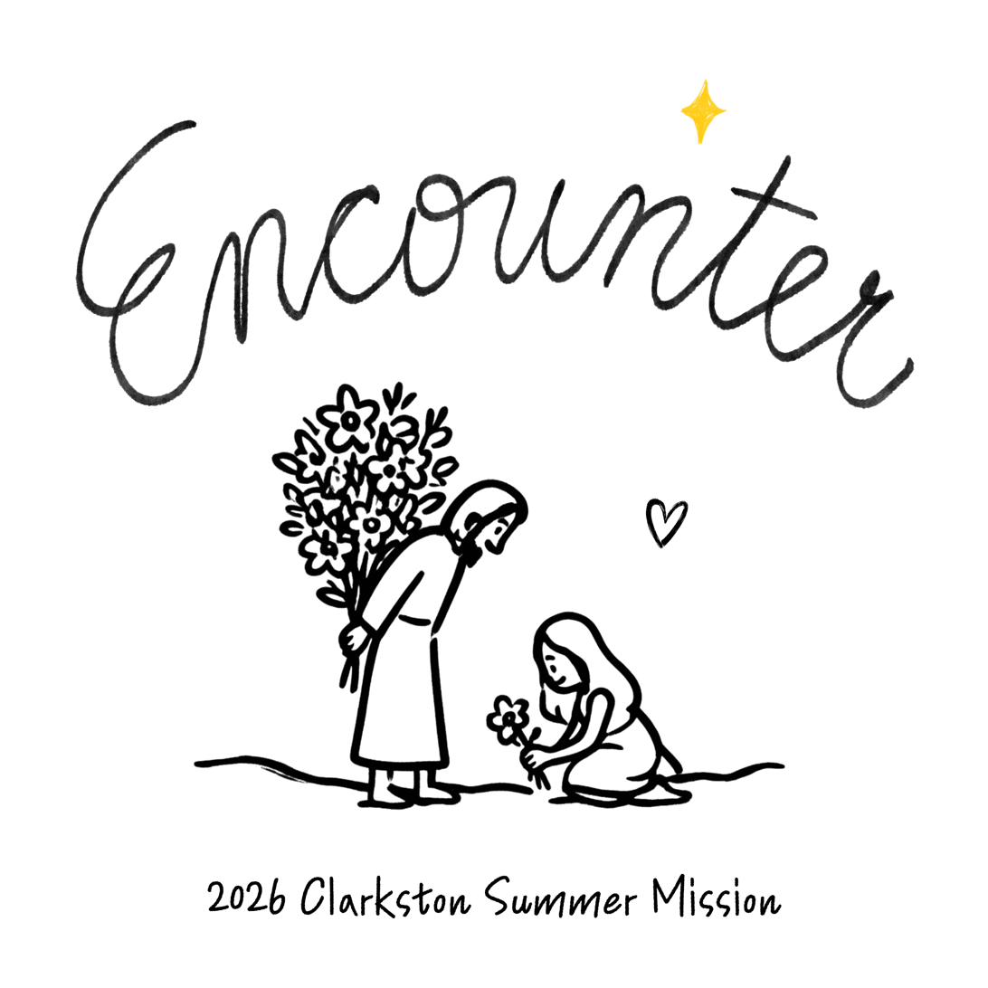 Encounter 2026 Clarkston Summer Mission — hand-drawn illustration of someone offering flowers to a child picking a flower.